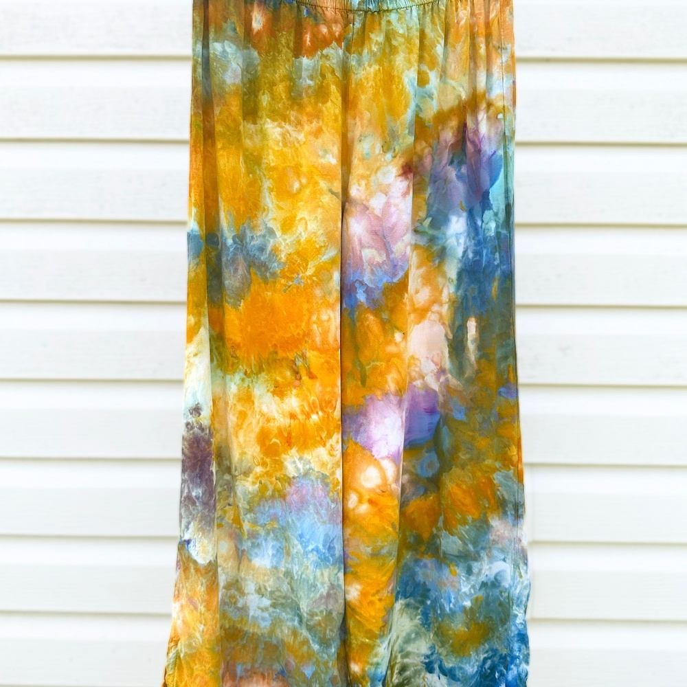 Ice Dye Wide leg Cropped Flowy Pants Tuscan Sea Gold Blue Tie Dye Cropped Pants